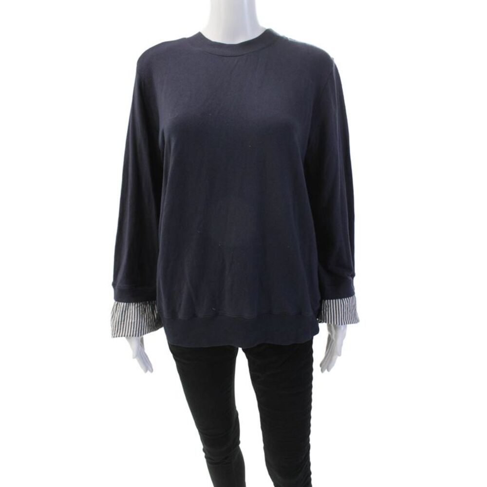 Clu Womens Cotton Striped Sleeve Pullover Round Neck Sweatshirt Blue Size M